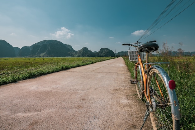 베트남 북부 Ninh Binh의 계단식 논 사이 도로 옆에 자전거 주차
