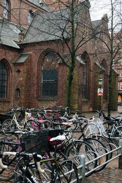 Bicycle parking against old church
