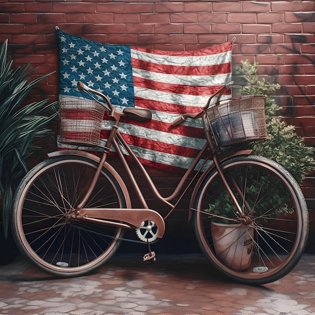 Free AI Image | Bicycle with American flag on brick wall background 3d