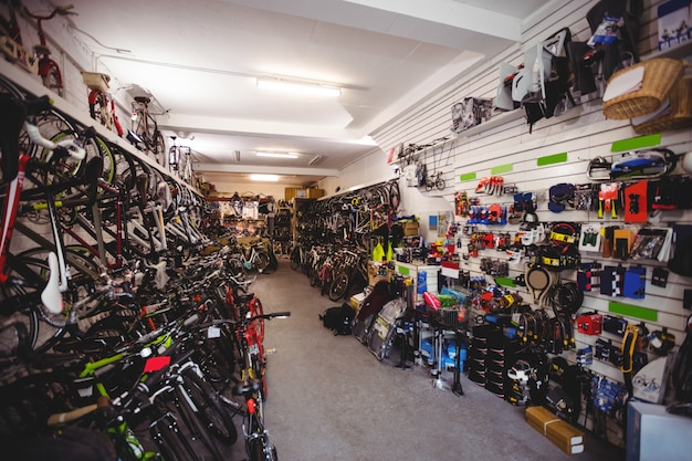 Bicycles and accessories in workshop