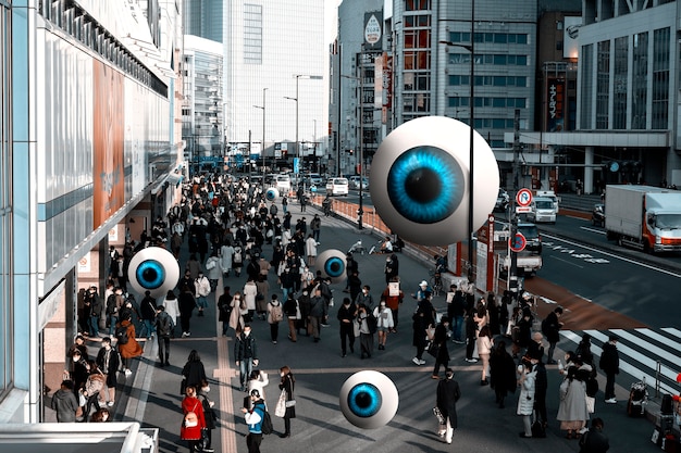 Free photo big brother concept with big eyes in city