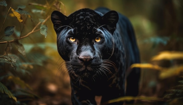 Big cat walking through dark autumn forest generated by ai