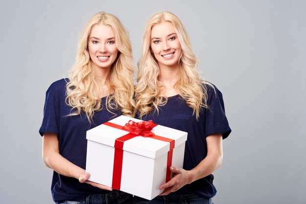 Big gift box carried by blonde twins