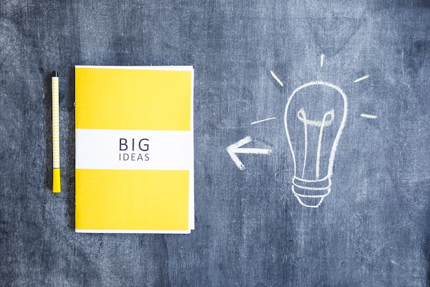 Big ideas book with felt pen and hand drawn light bulb on chalkboard