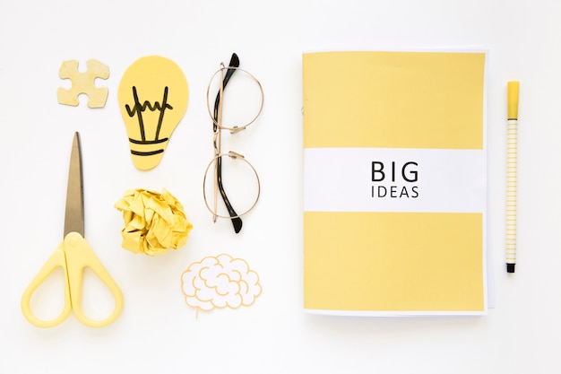 Big ideas diary with elements against white background