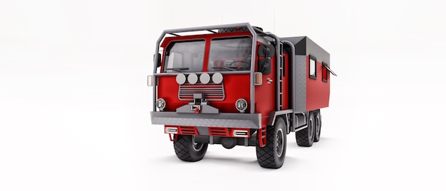 외딴 지역에서 길고 어려운 탐험을 위해 준비된 큰 빨간 트럭. 바퀴에 집이 있는 트럭. 3d 그림입니다.