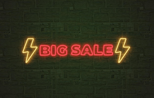 Большой неоновый световой знак продажи, светящийся большой баннер продажи с кирпичным фоном