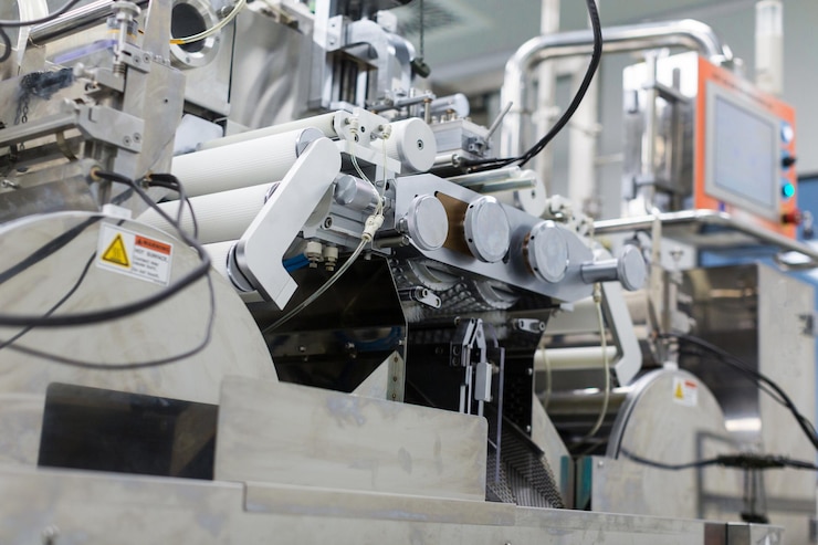 Free Photo big steel chromed manufacture machine with shafts and computer control panel from bellow