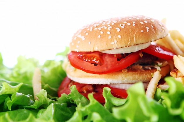 Big and tasty burger with lettuce leaves