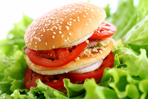 Big and tasty burger with lettuce leaves