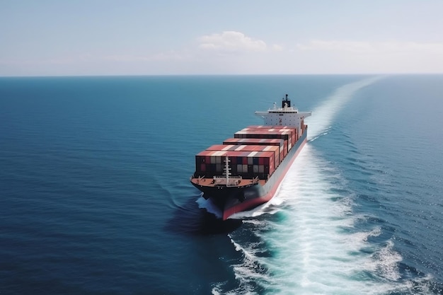 外海に商品を積んだコンテナを備えた大きな輸送船生成AI