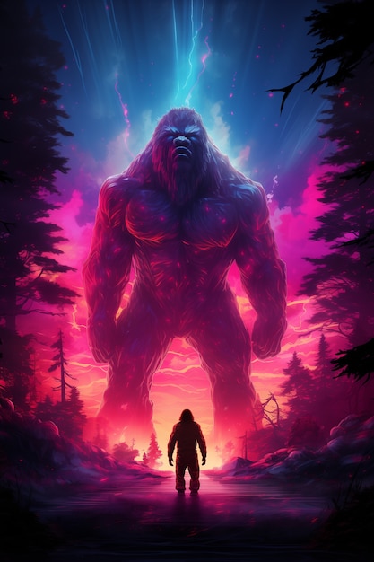 Foto gratuita bigfoot rappresentato nel bagliore al neon