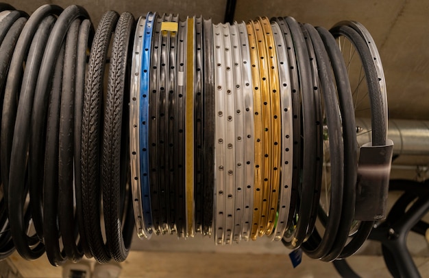 Bike wheels arrangement in shop