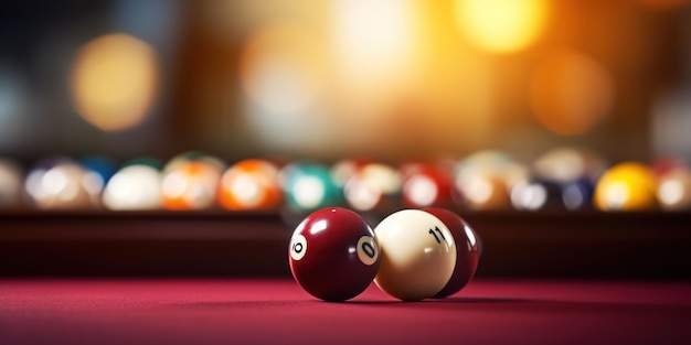 Billiard balls and cue with pool table scene behind