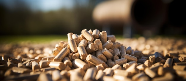 Biofuel pellets presented with cut logs and briquettes in daylight