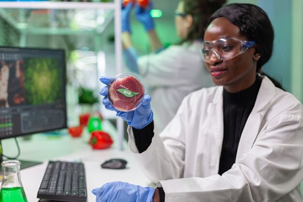 Biologist researcher looking at plant based beef substitute for vegetarien people