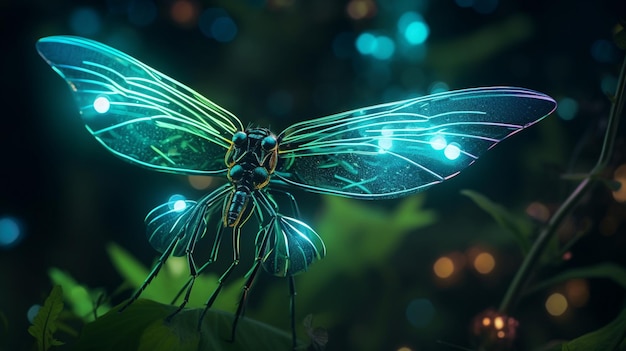 Бесплатное фото Биолюминесцентные насекомые создают захватывающее световое зрелище в центре джунглей