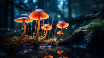 Free photo bioluminescent mushrooms casting an enchanting glow in the mysterious depths of the jungle