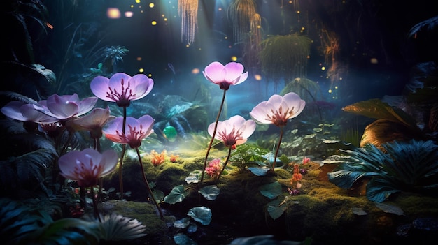 Free photo a bioluminescent spectacle as the jungle comes alive with glowing flora and fauna in the mystical tw