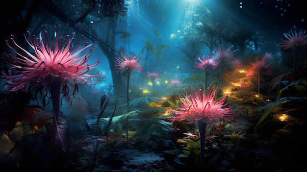 Free photo a bioluminescent spectacle as the jungle comes alive with glowing flora and fauna in the mystical tw