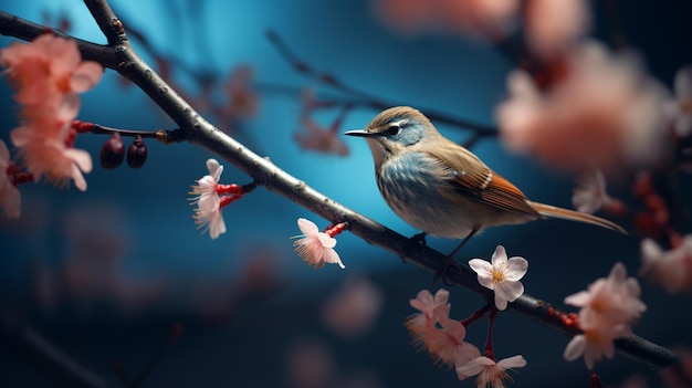 A bird on a branch with flowers