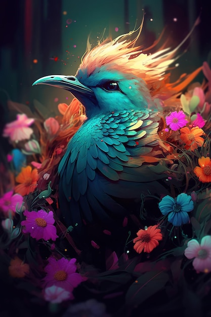 Free photo bird in colorful colorful flowers generative ai