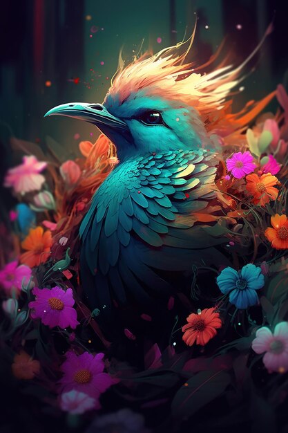 Bird in colorful colorful flowers Generative Ai