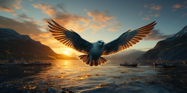 Bird in flight at sunset