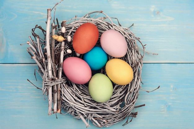 Free photo bird nest fulfilled with pastel color eggs