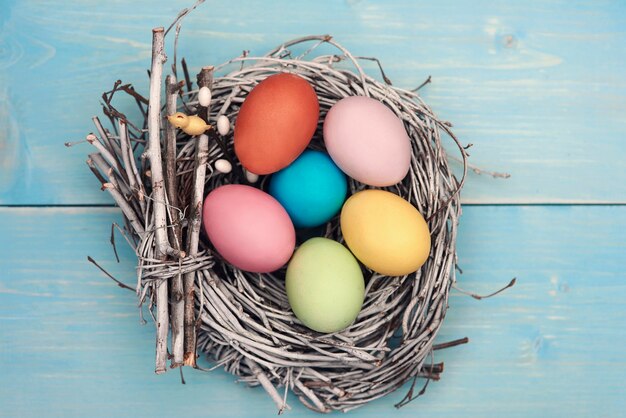 Bird nest fulfilled with pastel color eggs