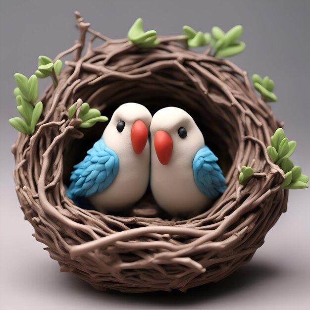 회색 배경 3D 그림에 두 마리의 새가 있는 새 둥지