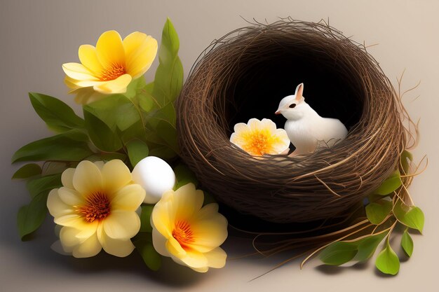 白いウサギが座っている鳥の巣。