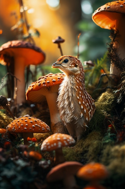 Free photo bird surrounded by mushrooms