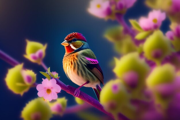 A bird that is sitting on a branch with pink flowers.