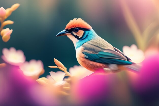 A bird with a blue head and red head sits on a pink flower.