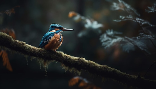 Free photo a bird with a blue kingfisher on a branch