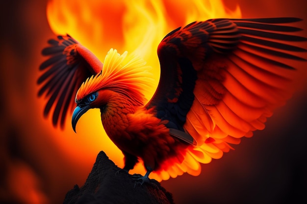 A bird with a bright orange beak stands on a rock with flames on it.