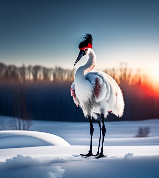 赤い羽の鳥が雪の中に立っています。