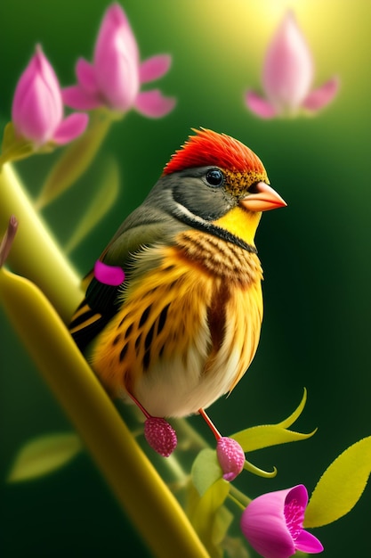 Free photo a bird with a red head and yellow feathers is sitting on a branch