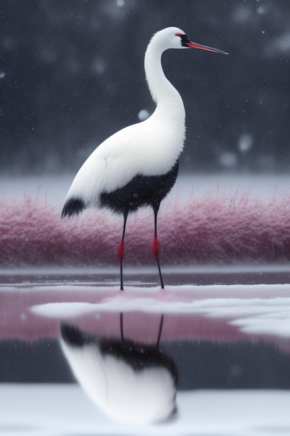 A bird with a white neck stands in a snowy landscape.