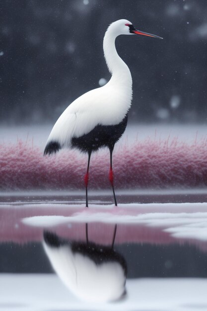 雪景色の中に首の白い鳥が立っています。