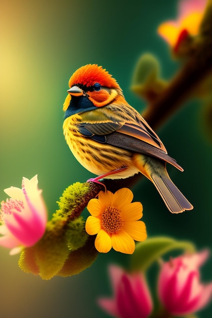 Птица с желтой головой и красными перьями сидит на ветке с цветком на заднем плане.