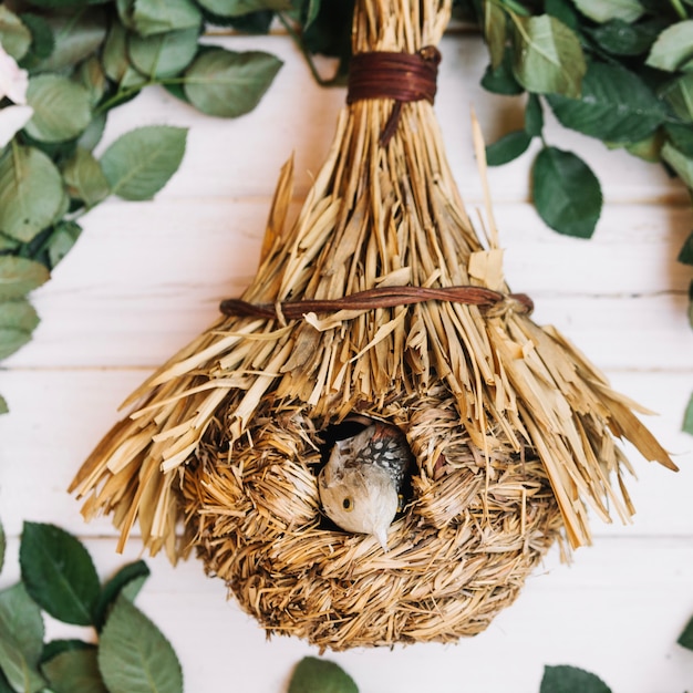 Birdhouse in green wreath