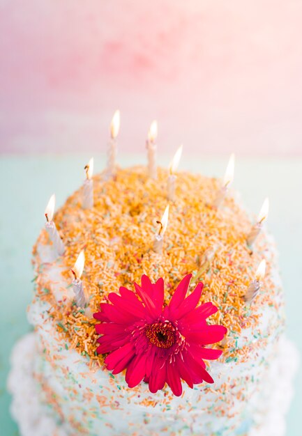 Birthday cake in front of watercolor background