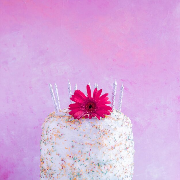 Birthday cake in front of watercolor background