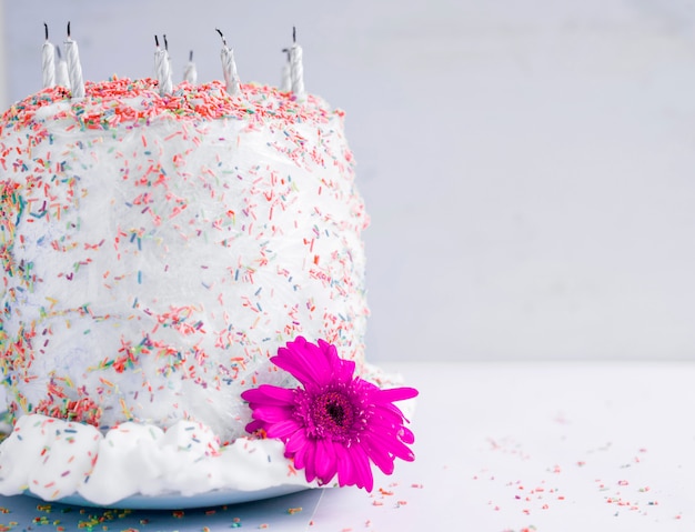 Birthday cake in front of watercolor background