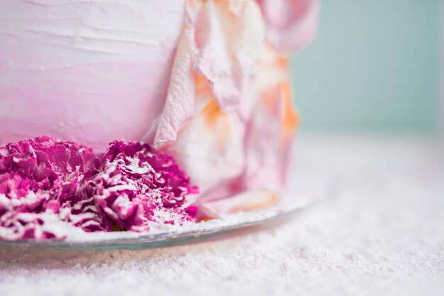 Birthday cake in front of watercolor background