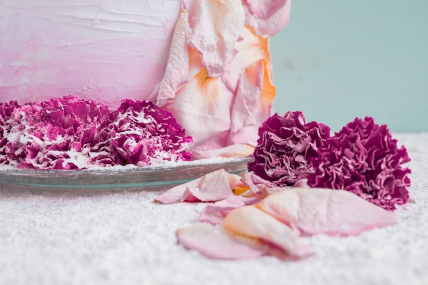 Birthday cake in front of watercolor background