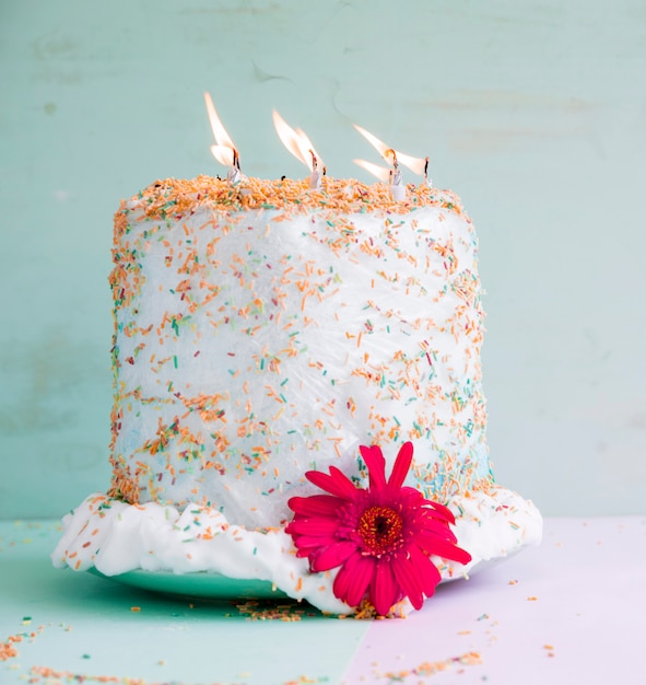 Birthday cake in front of watercolor background