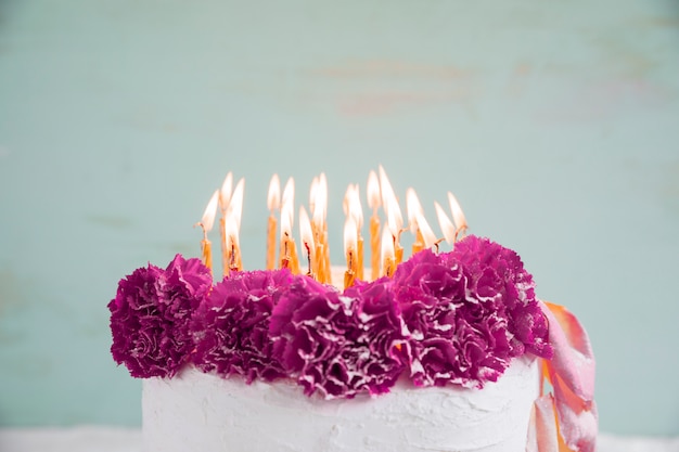 Birthday cake in front of watercolor background